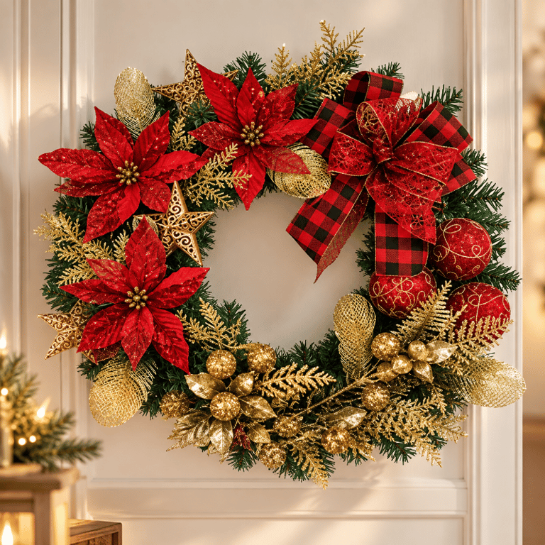 Guirlanda Natalina 50 cm Vermelha e Dourada com Flores Laço Xadrez e Folhagens para Decoração de Natal