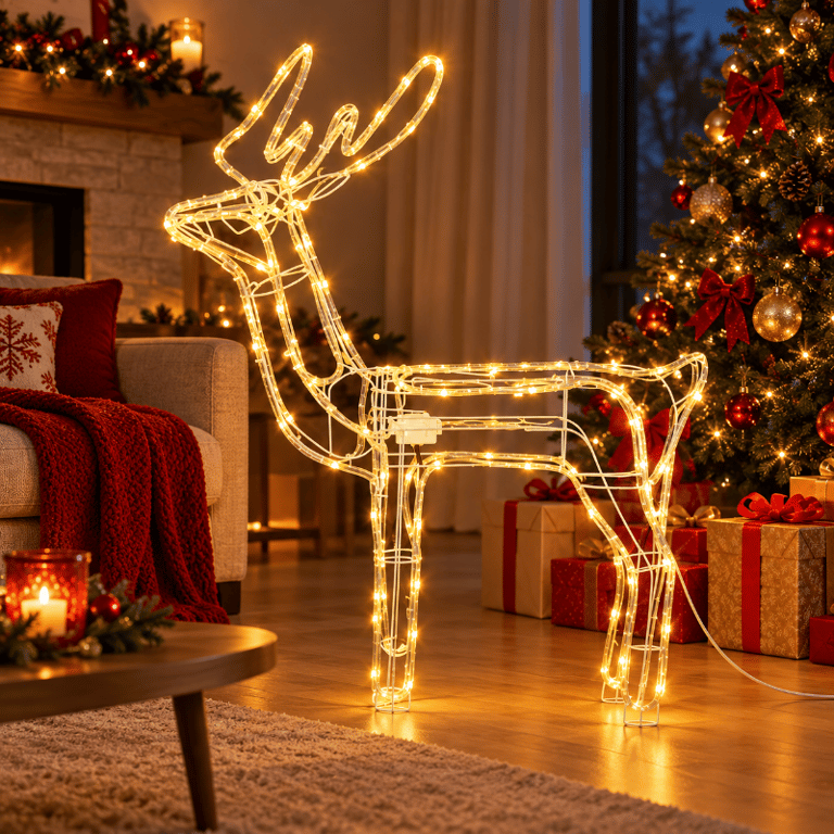 Rena Decorativa Natalina com Mangueira de LED Branco Quente com Movimento de Cabeça 1 20m 110V
