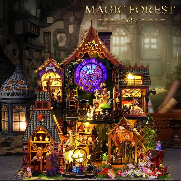 Kit De Montagem DIY Miniaturas Em Madeira Com LED Magic Forest