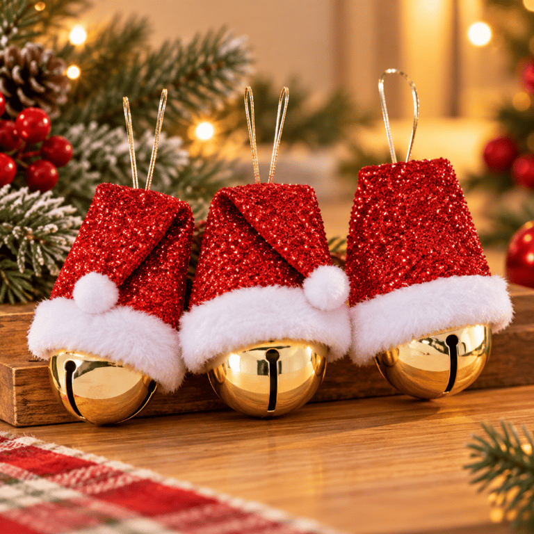 Kit 3 Sinos Enfeites De Natal Decorativos Com Chapéu De Papai Noel