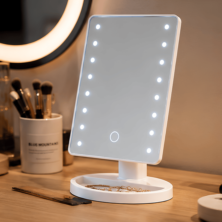 Espelho de Maquiagem LED de Mesa com Iluminação Botão Touch e Base Organizadora Design Moderno e Funcional