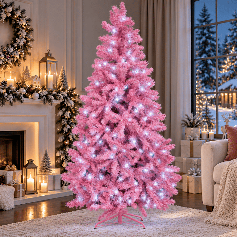 Árvore de Natal Rosa 2,10m com 1.086 Galhos e 550 LEDs Branco Frio Iluminada para Decoração Natalina