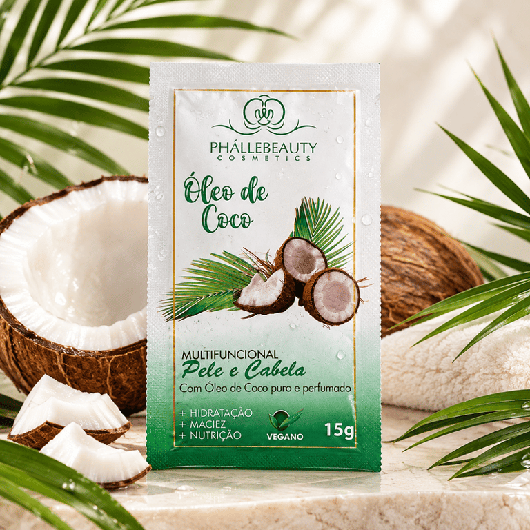 Óleo De Coco Multifuncional Pele e Cabelo Sachê Phállebeauty 15g