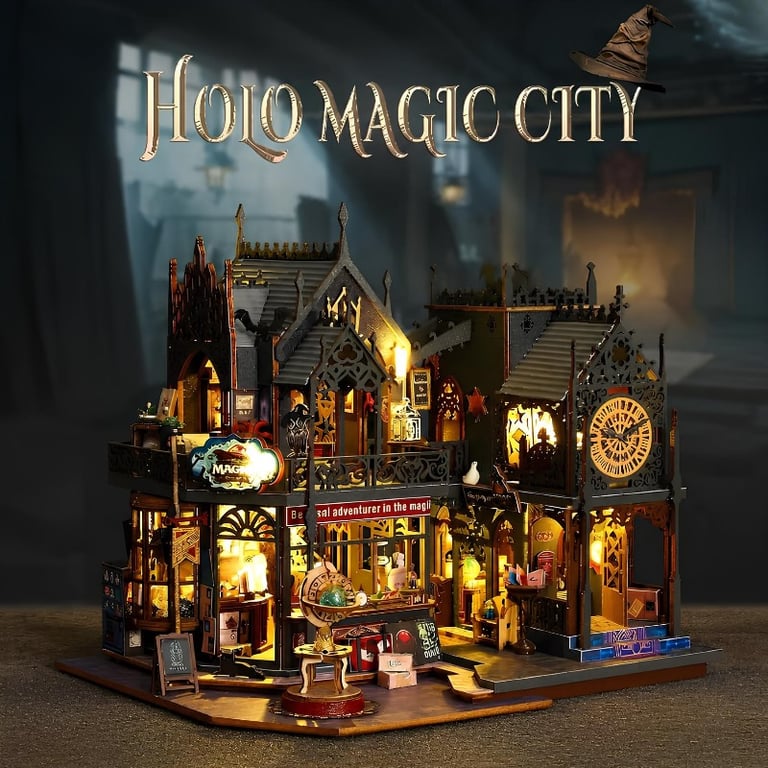 Kit De Montagem DIY Miniaturas Em Madeira Com LED Holo Magic City