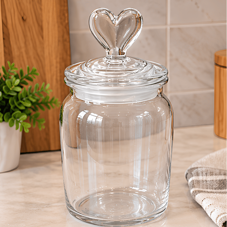 Pote de Vidro Transparente com Tampa Decorativa e Puxador em Formato de Coração