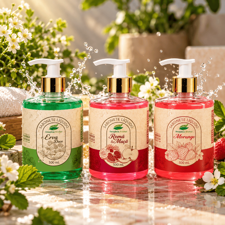 Sabonete Líquido Aromático 500ml com Válvula Pump para Mãos Fragrâncias Romã e Maçã Erva Doce e Morango