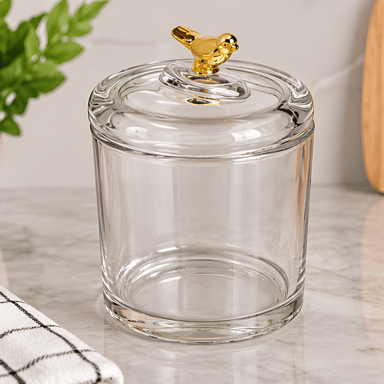 Pote De Vidro Transparente Com Tampa E Puxador Decorativo Dourado Para Armazenamento E Organização