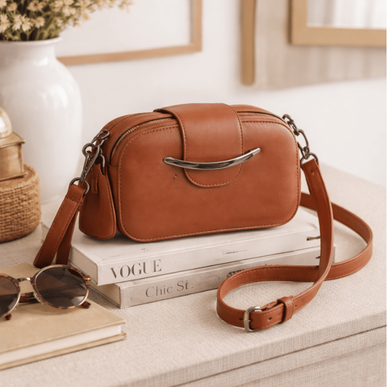 Bolsa Feminina Transversal Compacta Com Alça Ajustável e Detalhe Metálico Frontal