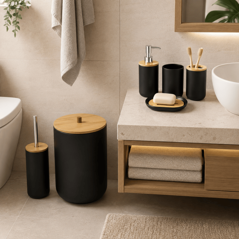 Conjunto para Banheiro 6 Peças em PP e Bambu Organização, Elegância e Praticidade
