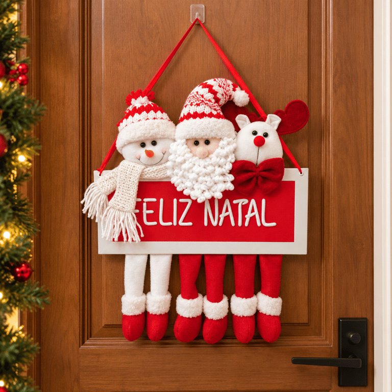 Placa Decorativa Feliz Natal 42x34cm com Trio de Bonecos em Madeira e Tecido para Pendurar 