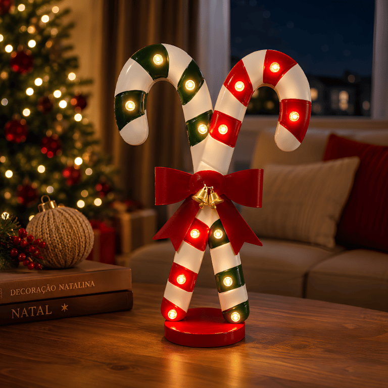 Enfeite Natalino Bengala de Natal Laço Vermelho e Sininhos Dourados Decoração Festiva