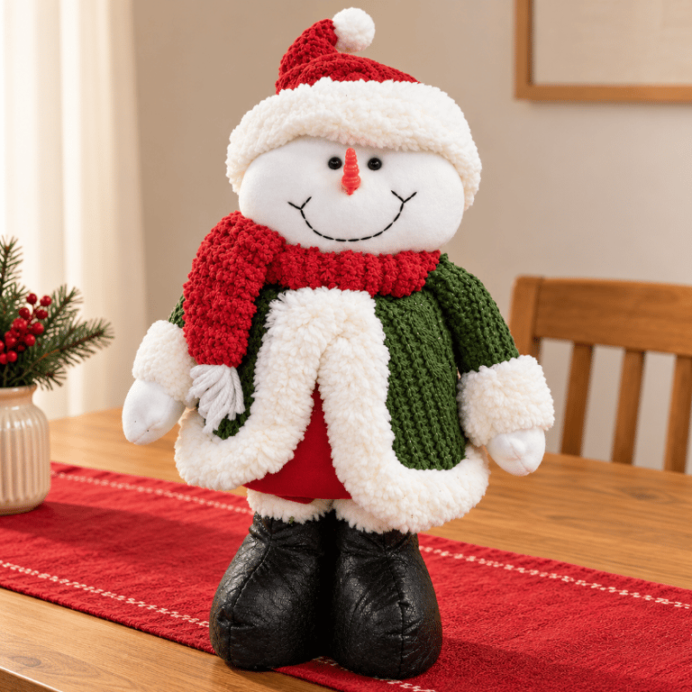 Boneco De Neve Natalino Decorativo Em Pé 40cm De Tecido Macio Com Gorro Cachecol E Casaco Para Decoração De Natal