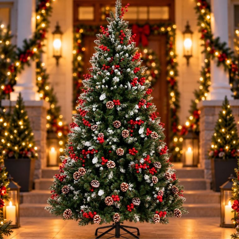 Árvore De Natal Nevada 1,8 Metros Com Pinhas E Frutos Vermelhos