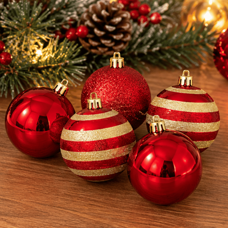 Kit 5 Bolas Natalinas Tubo Misto Vermelha E Dourada 8cm Para Árvore De Natal