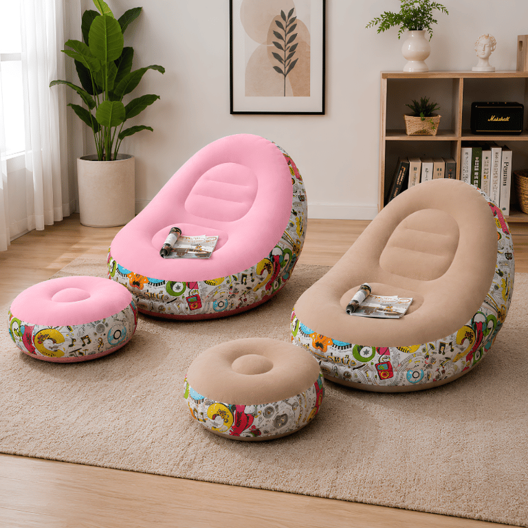 Conjunto Poltrona E Puff Inflável Com Estampa Para Descanso Sofá Inflável Confortável Com Apoio Para Pés