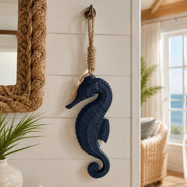 Cavalo Marinho Decorativo Azul com Corda Estilo Náutico