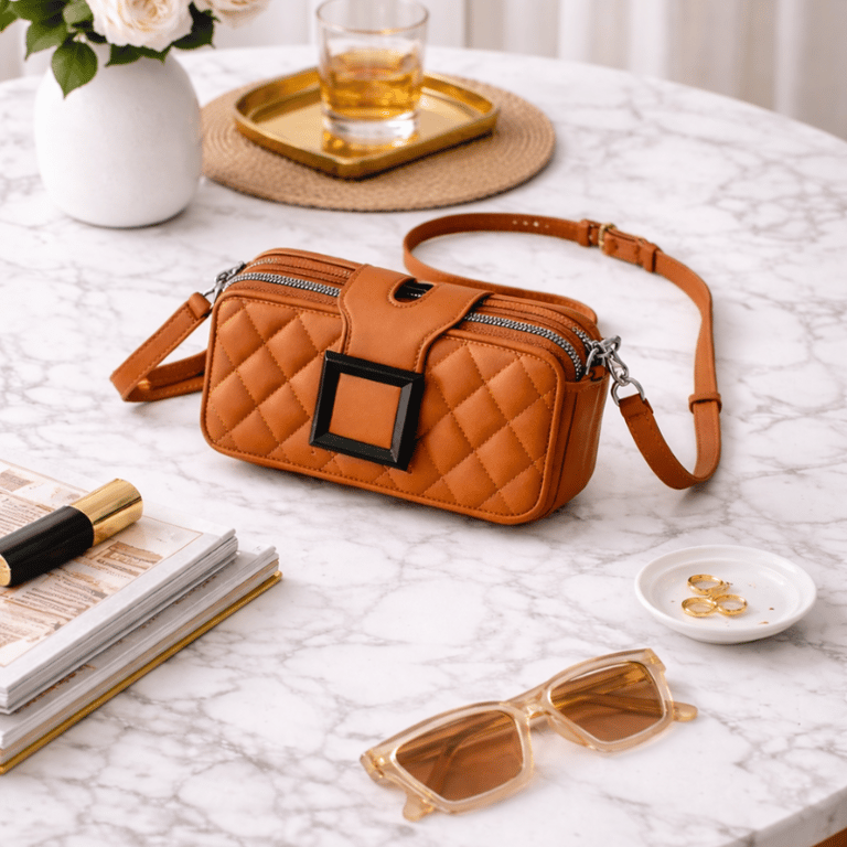 Bolsa Feminina Compacta Em Couro Sintético Com Detalhe Geométrico Moderno