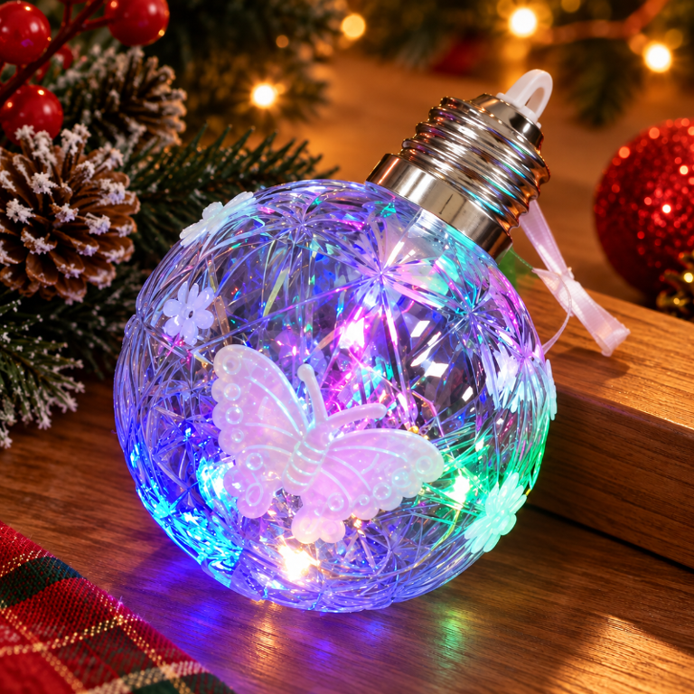 Bola Luminosa Decorativa 8cm com Borboleta LED Colorido Efeito Cristal para Decoração de Natal