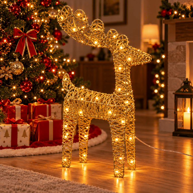 Rena de Natal Aramada Dourada com LED Luz Quente a Pilha