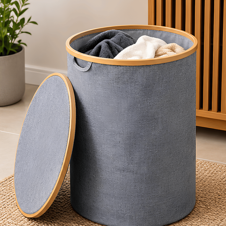 Cesto Organizador de Roupas com Tampa  Cesto para Lavanderia Quarto e Banheiro 60 cm