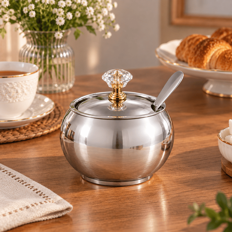 Açucareiro Em Aço Inox Com Colher Tampa Com Puxador Decorativo E Design Sofisticado