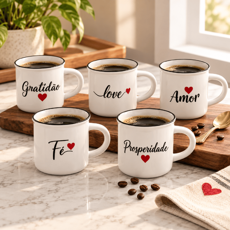 Caneca de Porcelana 150ml Decorativa Branca com Borda Preta e Modelos Gratidão Fé Love Amor ou Prosperidade