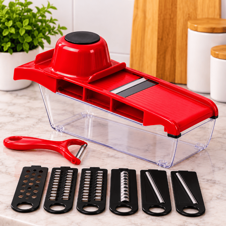 Cortador de Legumes Vermelho Multifuncional 6 em 1 com Lâminas Intercambiáveis Recipiente Coletor e Protetor de Mão 