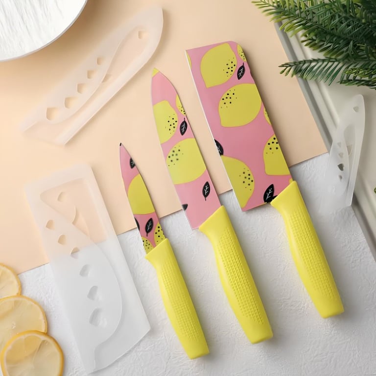 Conjunto Profissional De 3 Facas Em Aço Inoxidável Com Cabo Antiderrapante E Estampas 