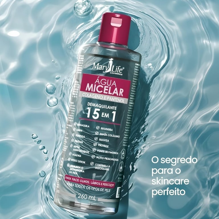 Água Micelar 15 em 1 Colágeno e Pantenol Mary Life 260ml