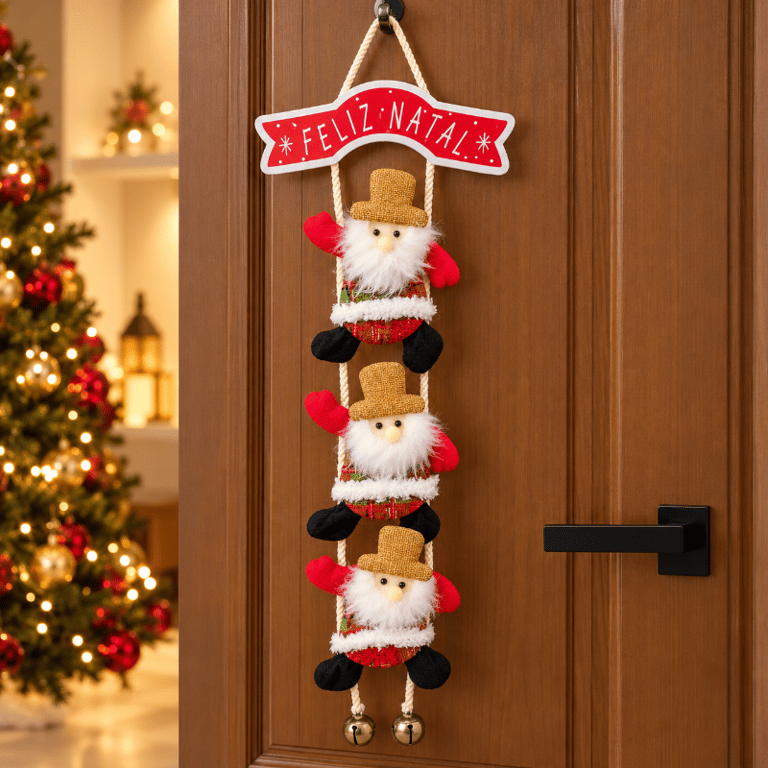 Enfeite Natalino Pendente Decorativo 55x19,5cm com 3 Papais Noéis Escalando Escada de Corda e Placa Feliz Natal