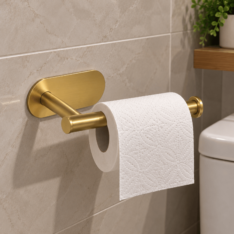 Suporte Porta Papel Higiênico de Parede Metal Dourado Escovado 17cm com Fixação Adesiva para Banheiro e Lavabo