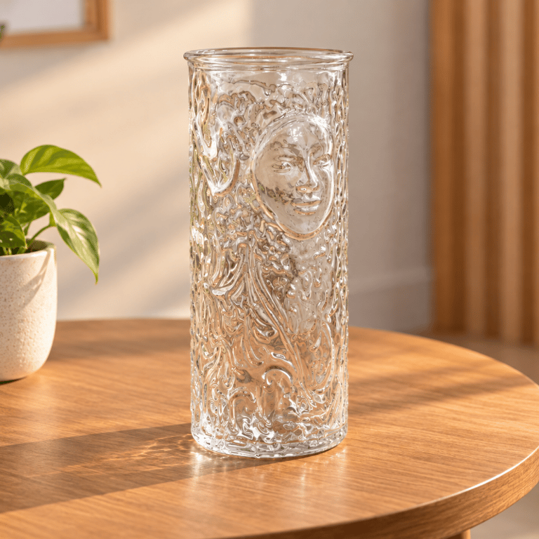 Vaso Decorativo de Vidro Transparente Cilíndrico com Relevo Texturizado para Flores Arranjos e Decoração 