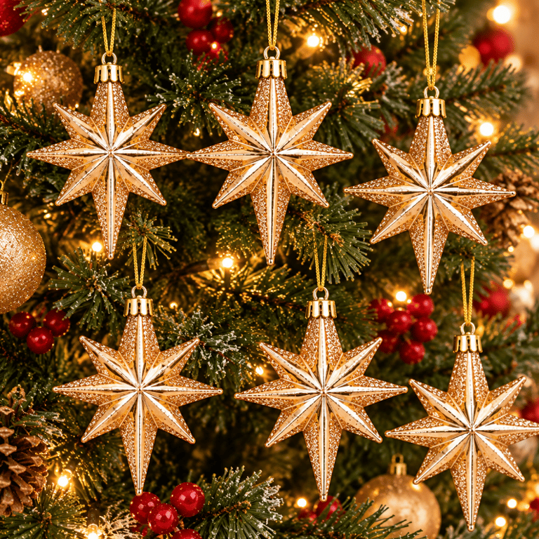 Kit 6 Unidades Enfeite De Natal Estrela 7 Pontas 9cm Champagne Com Glitter E Acabamento Fosco