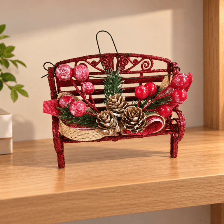 Pendente Banco Decorativo Vermelho com Pinhas e Glitter 13cm para Decoração de Natal