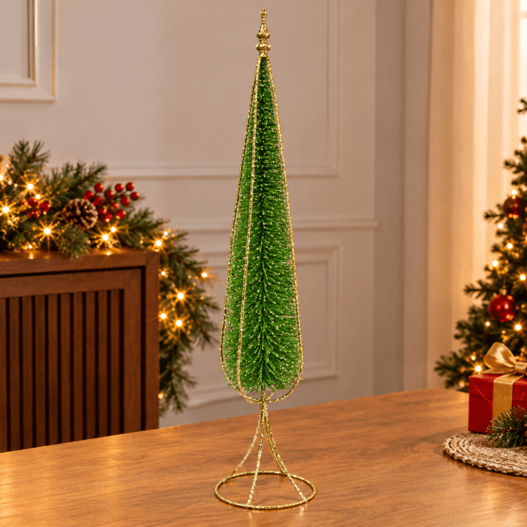 Árvore de Natal Decorativa Verde 92cm com Folhagem Brilhante Suporte Dourado Base Circular e Ponteira Ornamental
