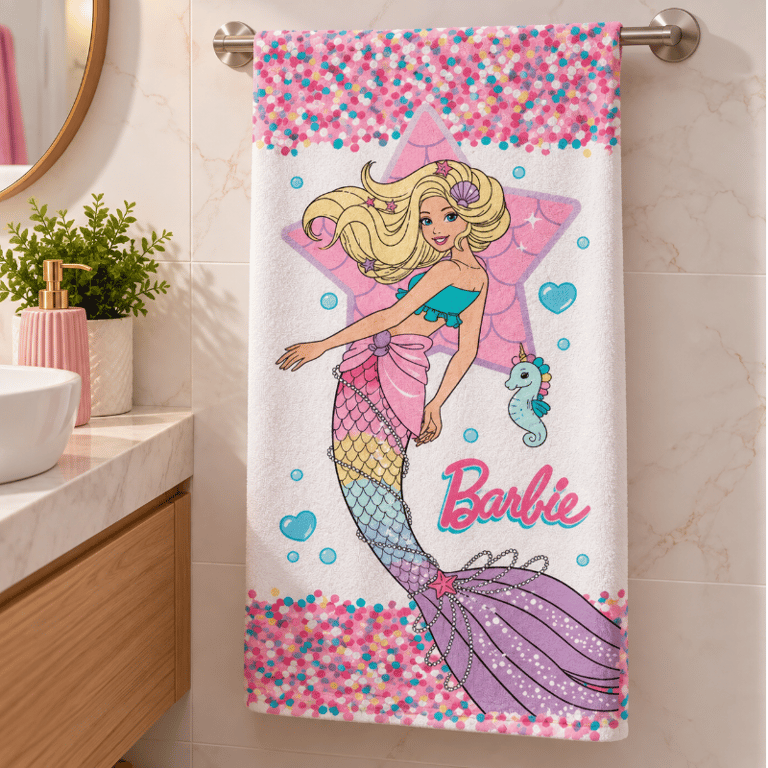 Toalha de Banho Infantil Barbie Sereira 60x120cm Macia e Absorvente 
