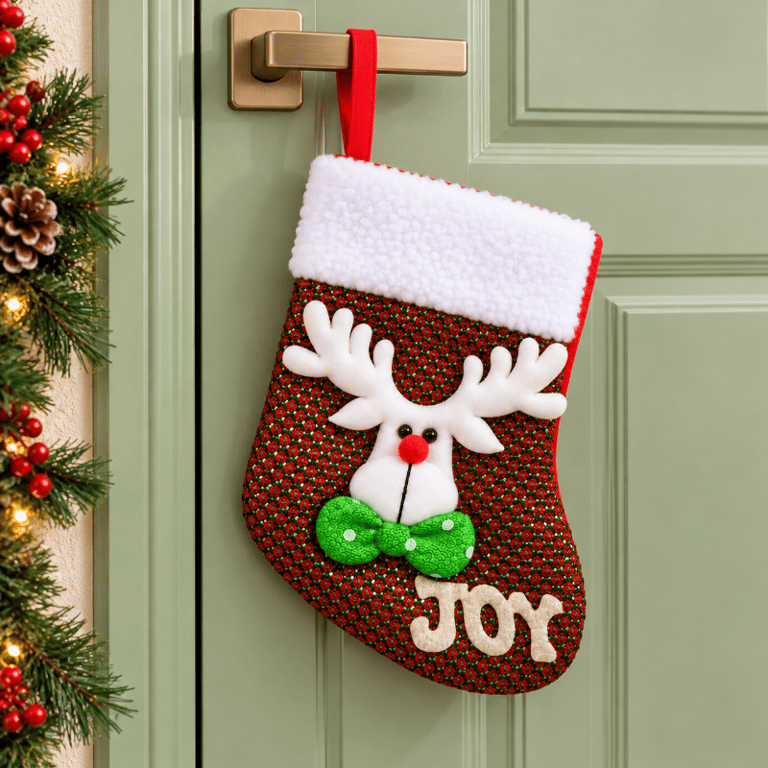 Meia De Natal Decorativa Com Detalhes Verdes Brilhantes Para Pendurar