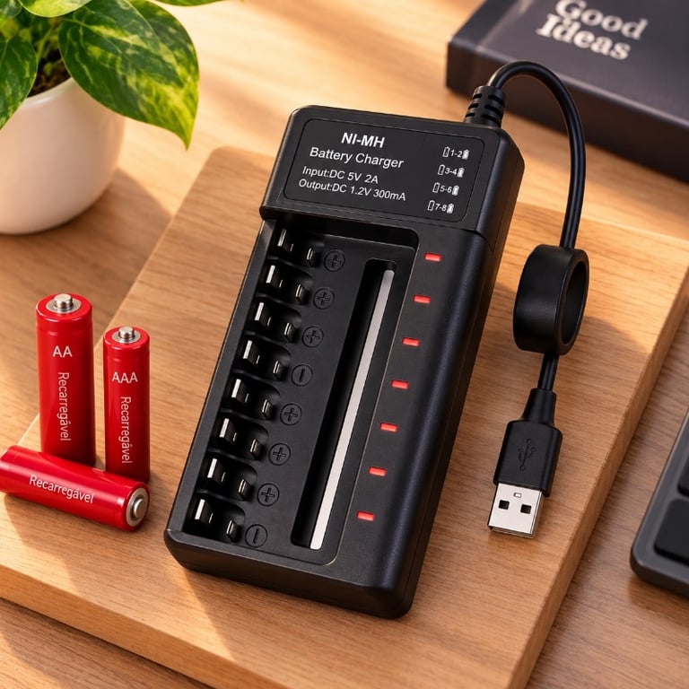 Carregador De Pilhas 8 Slots Para Pilhas Aa E Aaa Ni-Mh Com Alimentação Usb