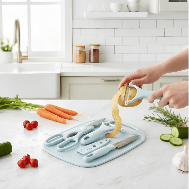 Kit 4 Peças Utensílios Para Cozinha Com Tábua Tesoura Faca Azul