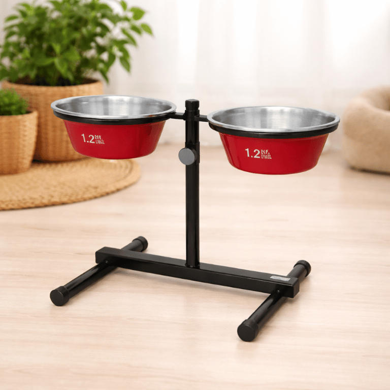 Comedouro Duplo Elevado Ajustável Para Cães E Gatos 2 Tigelas 1,2 Litros