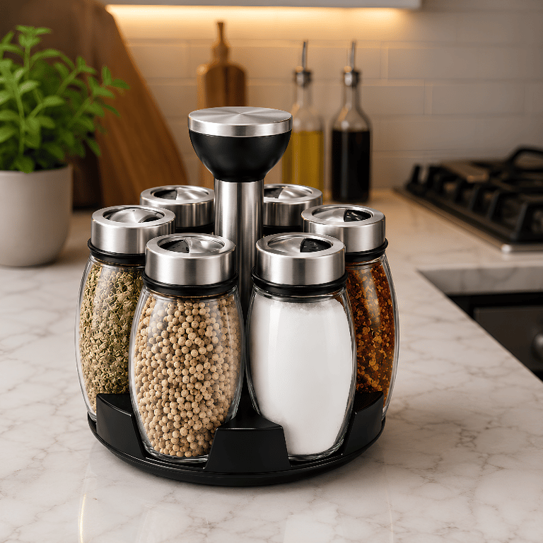 Porta Temperos Giratório com 6 Potes de Vidro e Tampas Inox Organizador de Temperos para Cozinha
