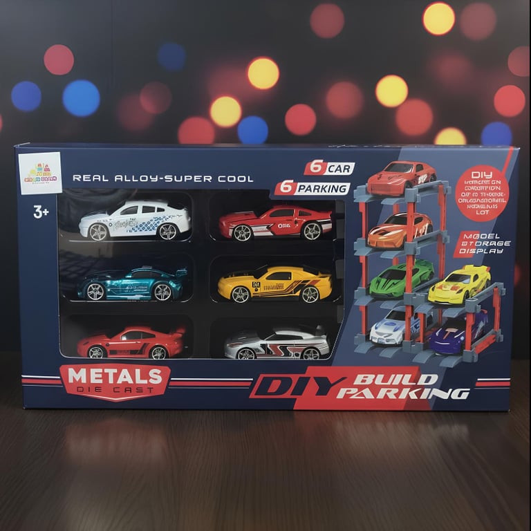 Kit Coleção 6 Carrinhos De Metal DieCast E Estacionamento DIY Vertical