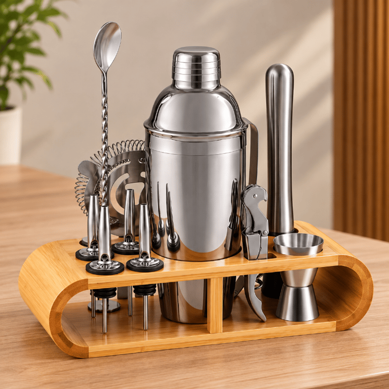 Kit Coquetelaria Barman 12 Peças em Aço Inoxidável com Coqueteleira Dosador Socador e Suporte Organizador de Bambu