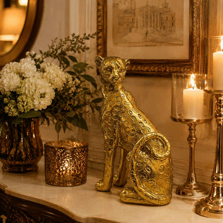 Escultura Decorativa Felino Dourado