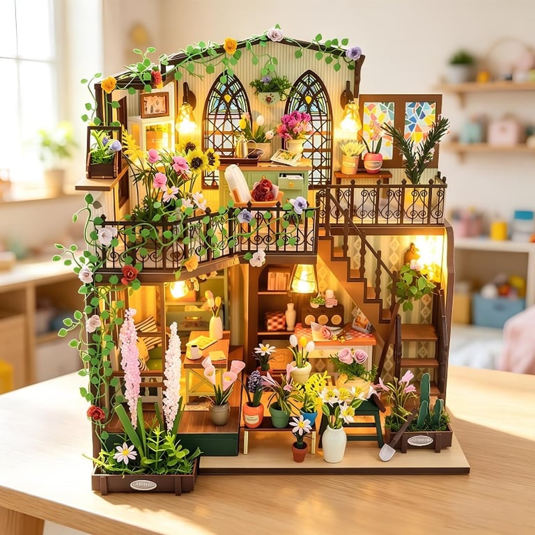 Kit De Montagem DIY Miniaturas Em Madeira Com LED Darcy Flower House