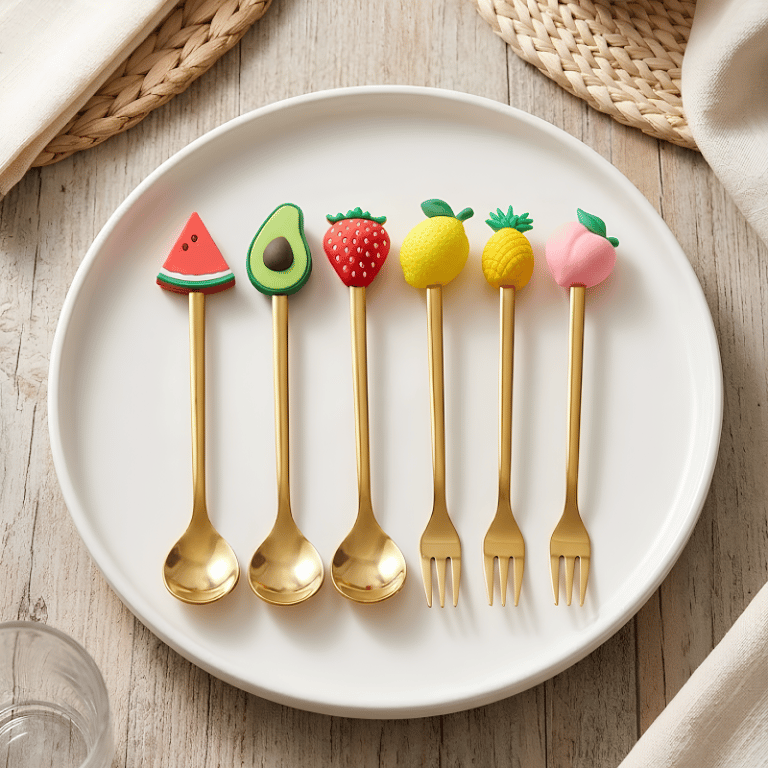 Kit De Colheres E Garfos Para Sobremesa Com Cabo Decorativo De Frutas 6 Peças