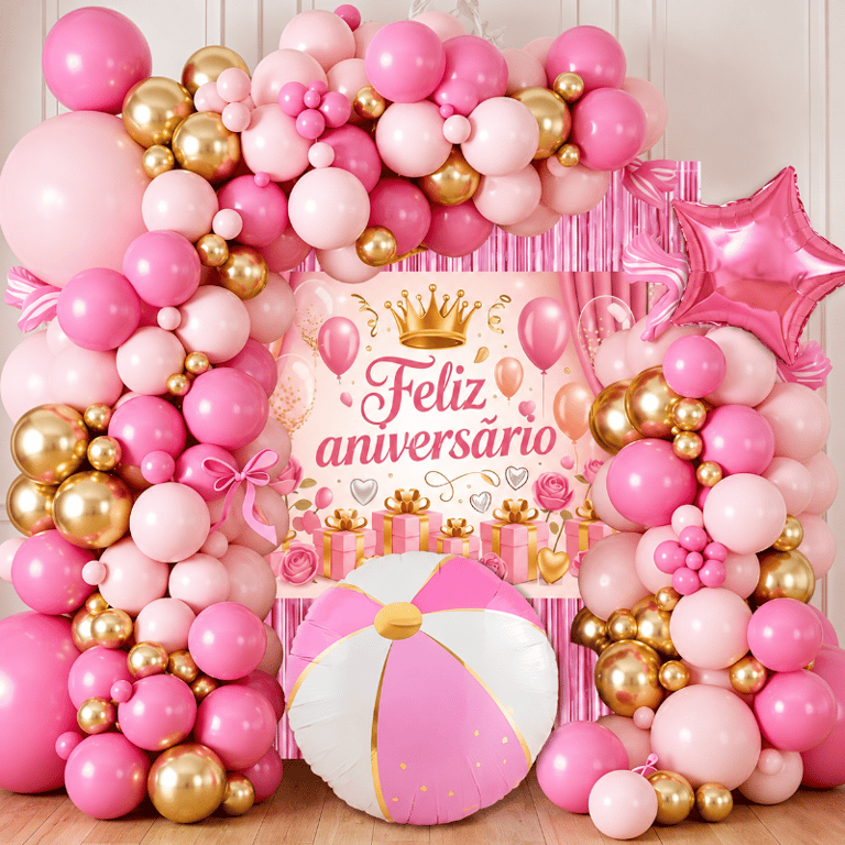 Kit Decoração Festa de Aniversário Rosa e Dourado 62 Peças com Balões Painel e Cortina Metalizada