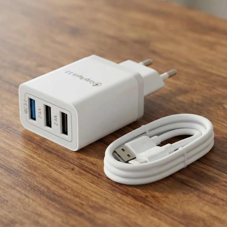 Carregador de Tomada Rápido 8.1A com 3 Portas USB e Cabo Lightning