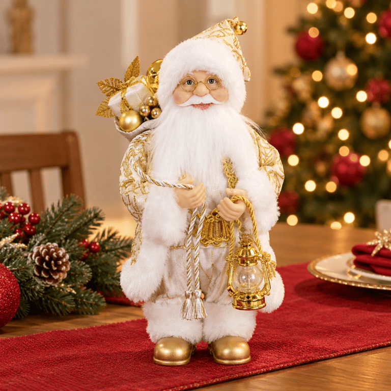 Papai Noel Decorativo 30cm Branco e Dourado com Lamparina Sofisticado para Decoração Natalina 
