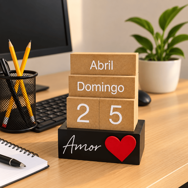 Calendário Decorativo de Mesa em Madeira MDF Rústico com Blocos Ajustáveis para Decoração 